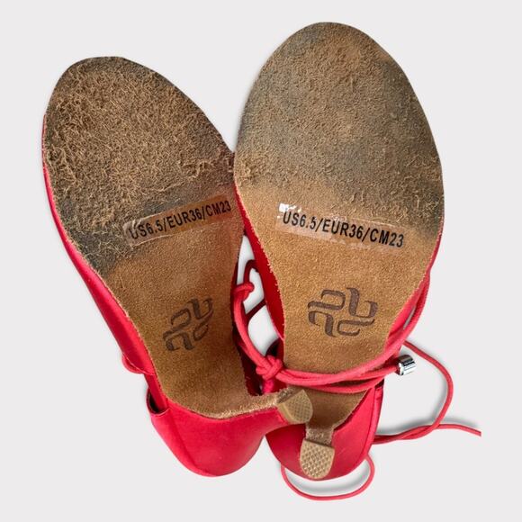 Burju Latin Dance Alemana Red Satin Open Toe Lace Up Heeled Sandals Size 6.5 - Picture 13 of 16